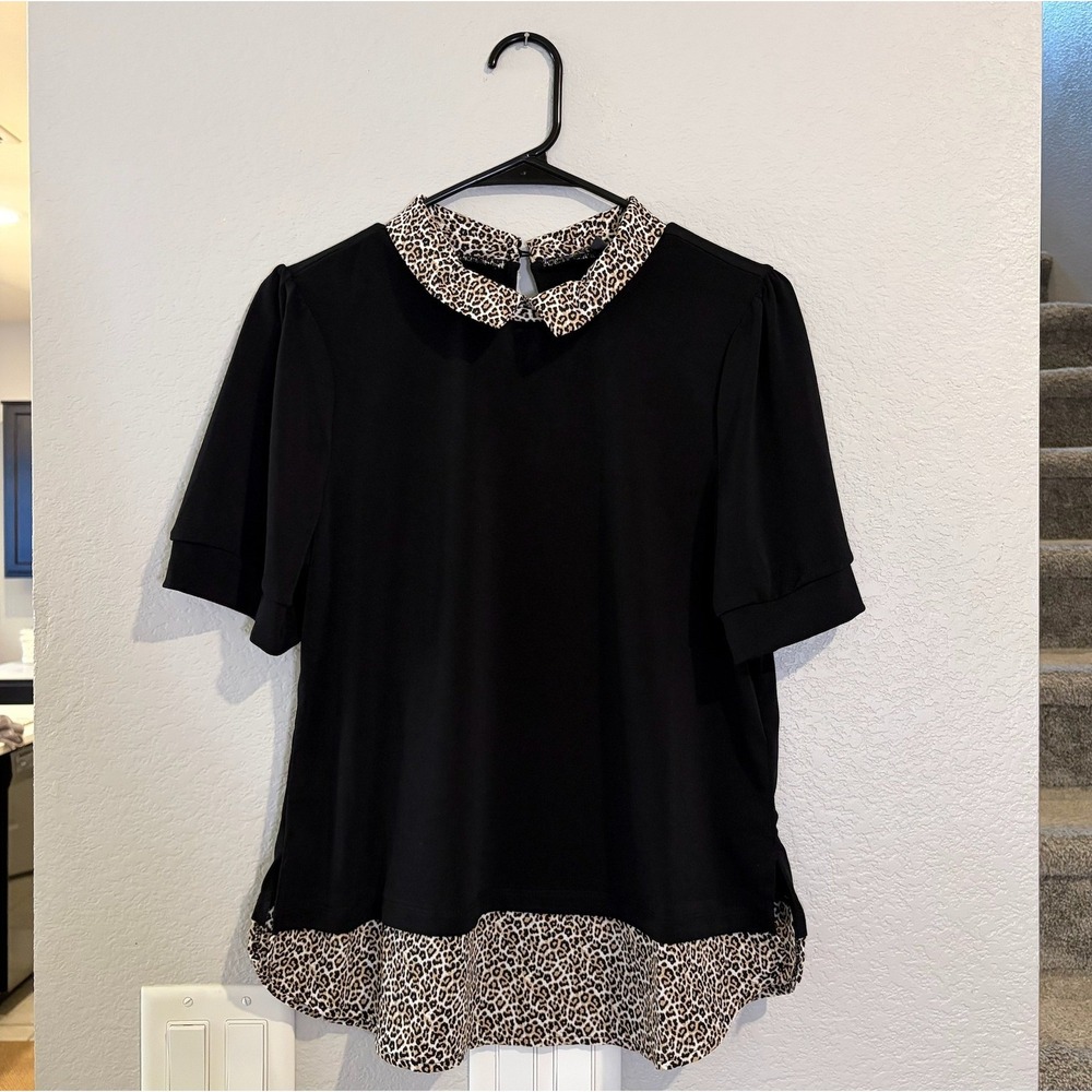 Adrianna Papell Black Leopard Print Mixed Media Layered Top MEDIUM - Picture 2 of 5